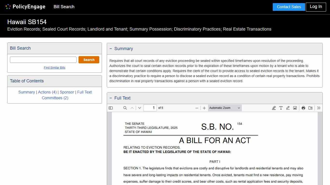 SB154 | Hawaii 2026 | Eviction Records; Sealed Court Records; Landlord and Tenant; Summary Possession; Discriminatory Practices; Real Estate Transactions - Legislative Tracking | PolicyEngage
