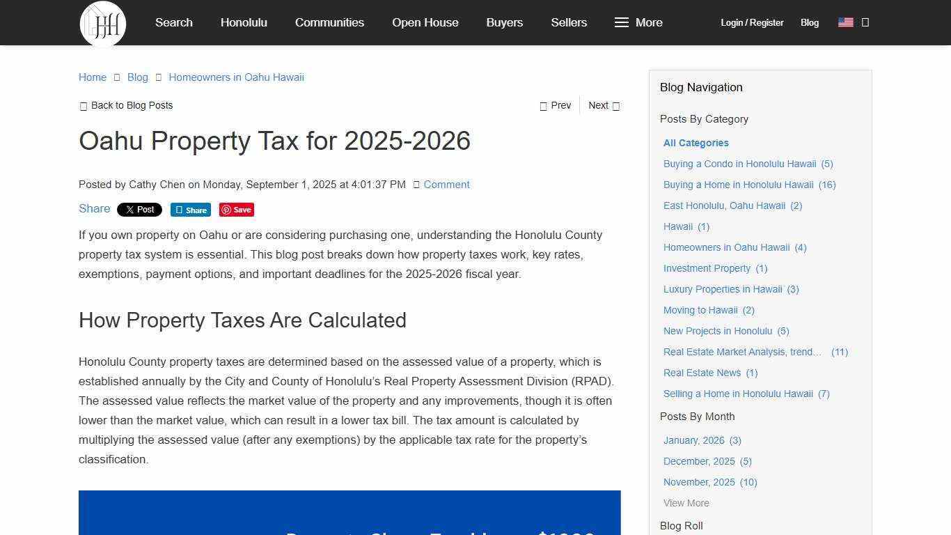 Oahu Property Tax for 2025-2026